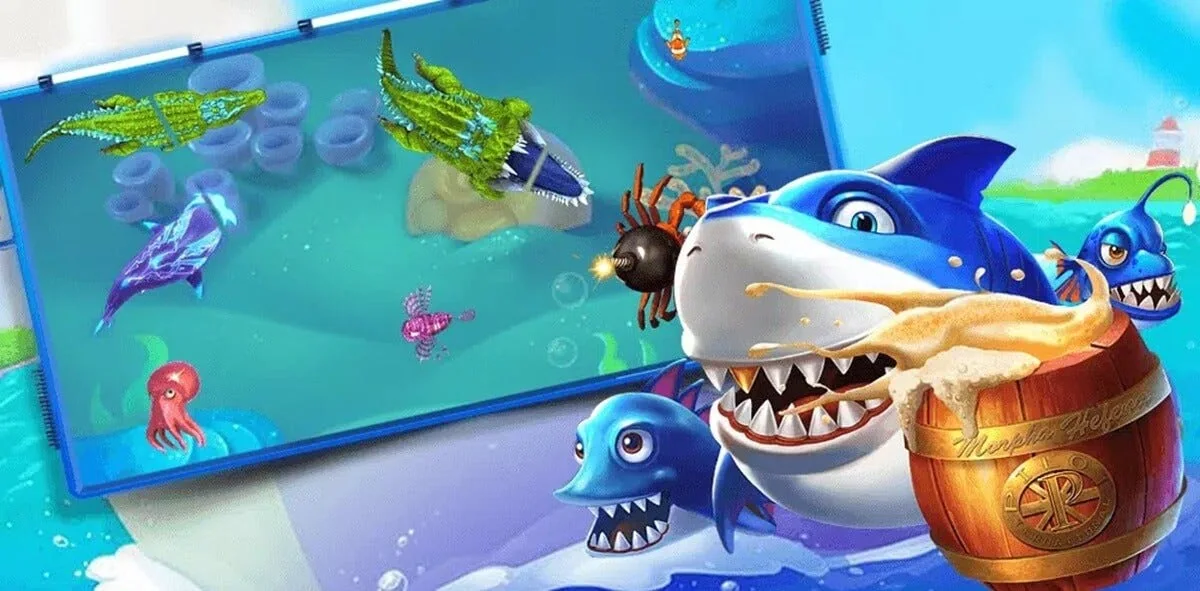 Layar arena tembak ikan dengan karakter dan target permainan